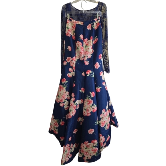 Sherri Hill Navy Floral Lace Evening Gown 2-piece Set 4 Prom Formal Homecoming - Picture 4 of 10